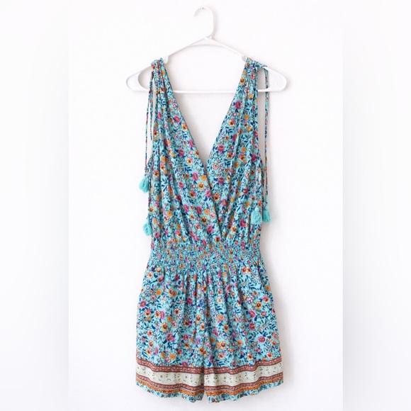 BeBop Pants - Bebop Boho Floral Sleeveless Romper | Turquoise Blue | Tassel Tie | Size Large
